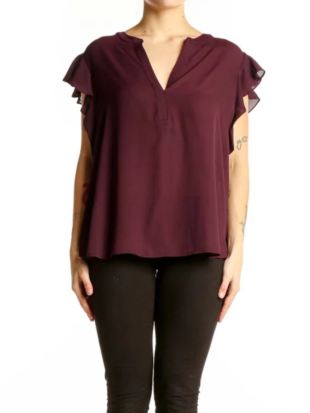 Calvin Klein Maroon V-Neck Flutter Sleeve Blouse